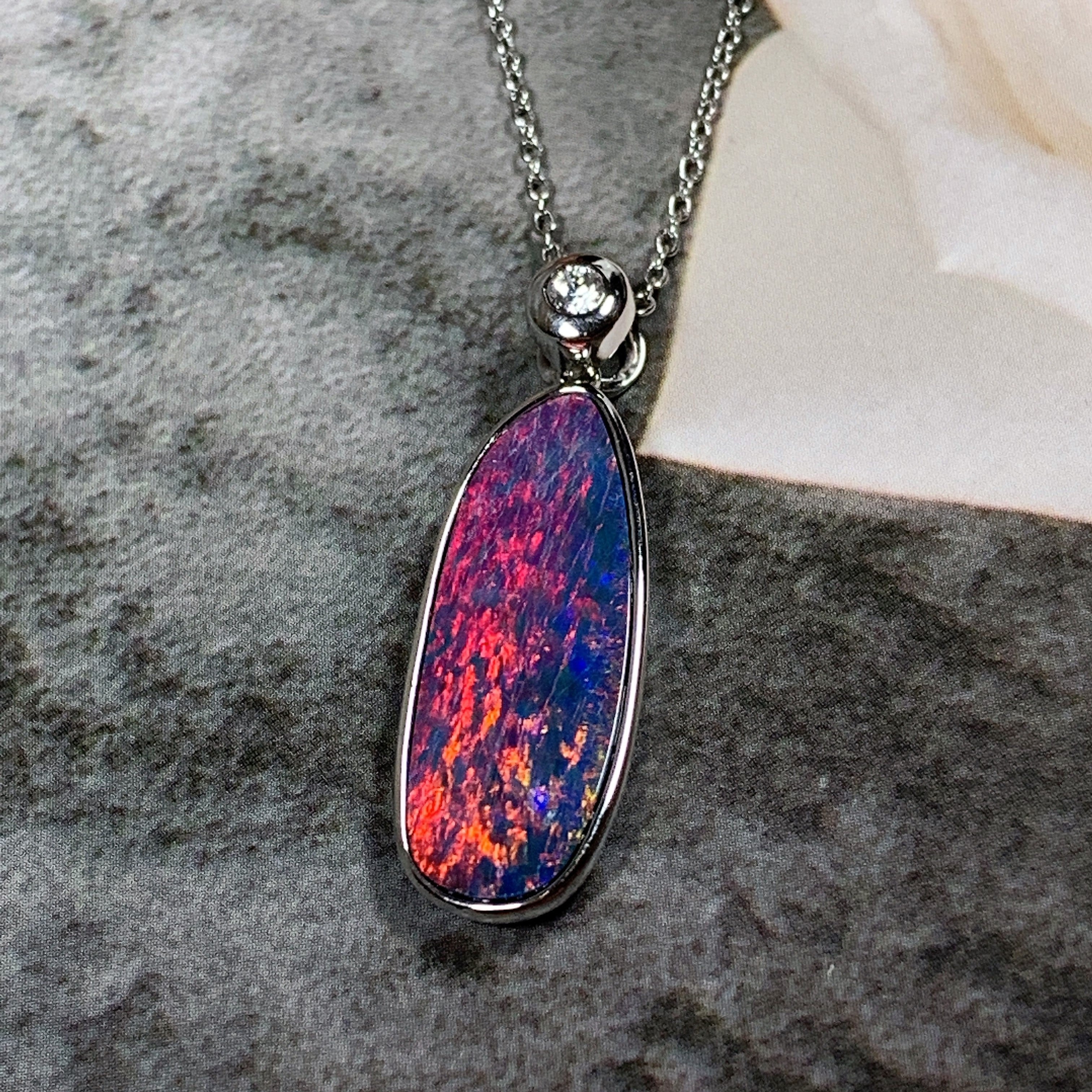 14kt White Gold Red Fire Opal 3.9ct and Diamond pendant - Masterpiece Jewellery Opal & Gems Sydney Australia | Online Shop