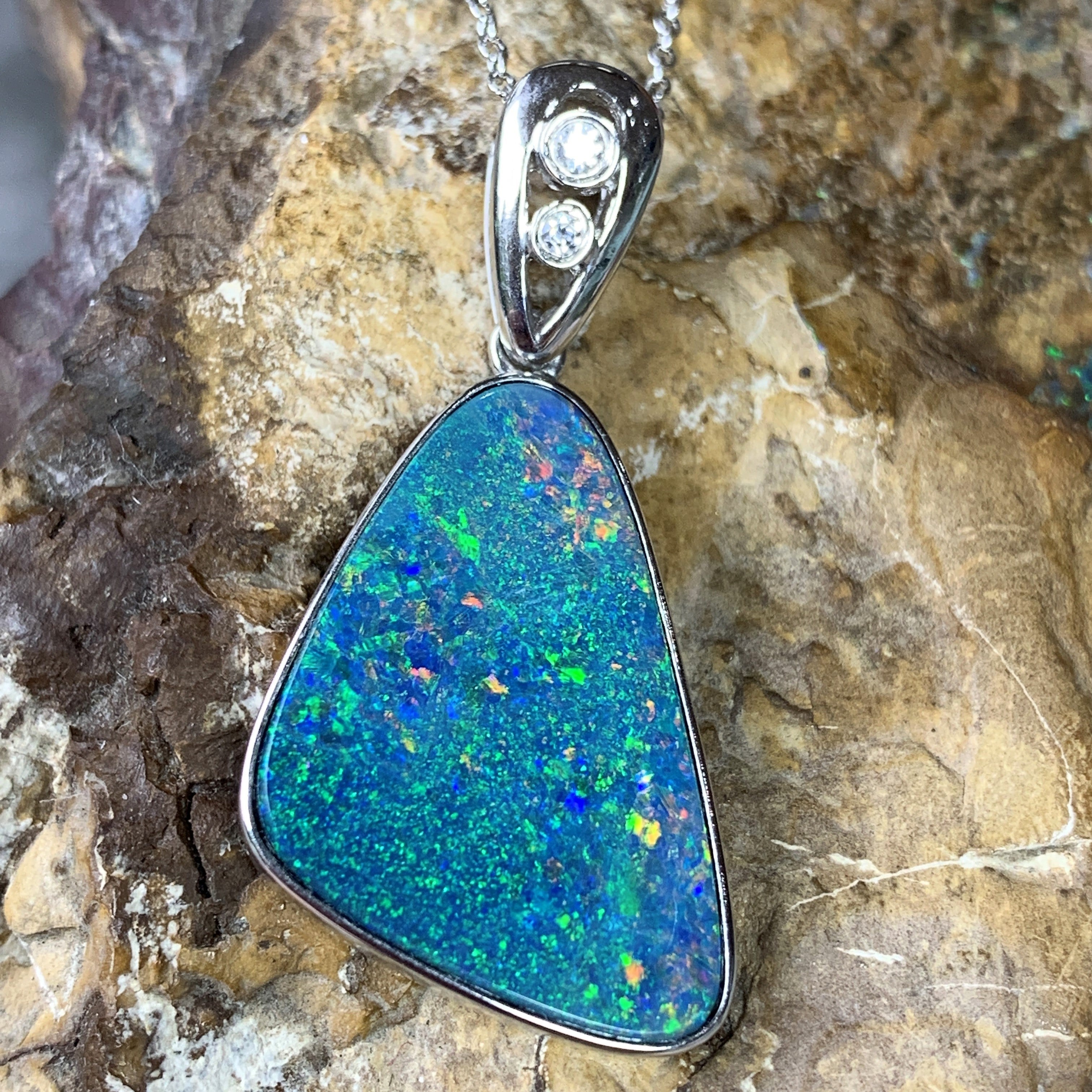 Sterling Silver Multi colour Triangular design Opal pendant 33x16mm - Masterpiece Jewellery Opal & Gems Sydney Australia | Online Shop