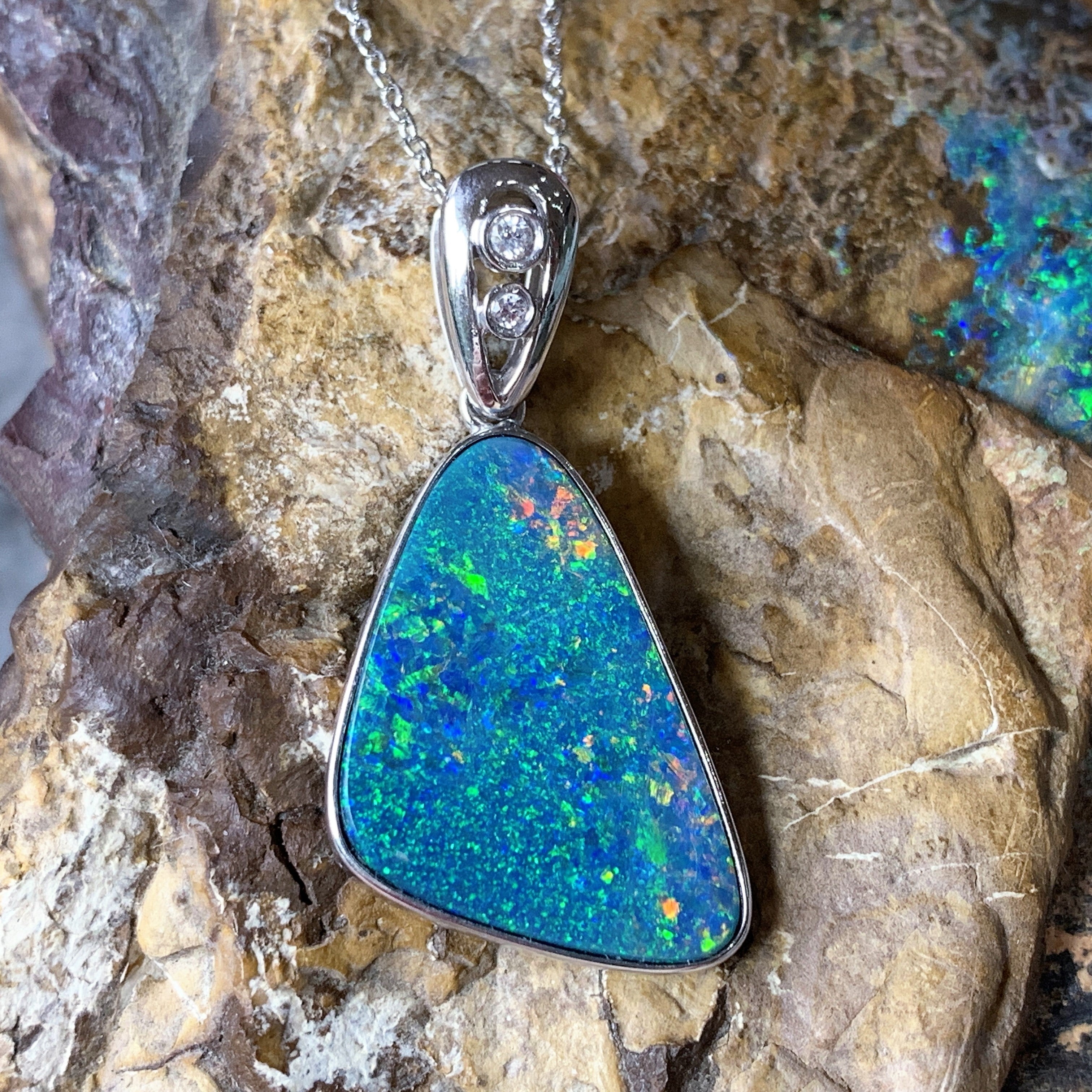 Sterling Silver Multi colour Triangular design Opal pendant 33x16mm - Masterpiece Jewellery Opal & Gems Sydney Australia | Online Shop