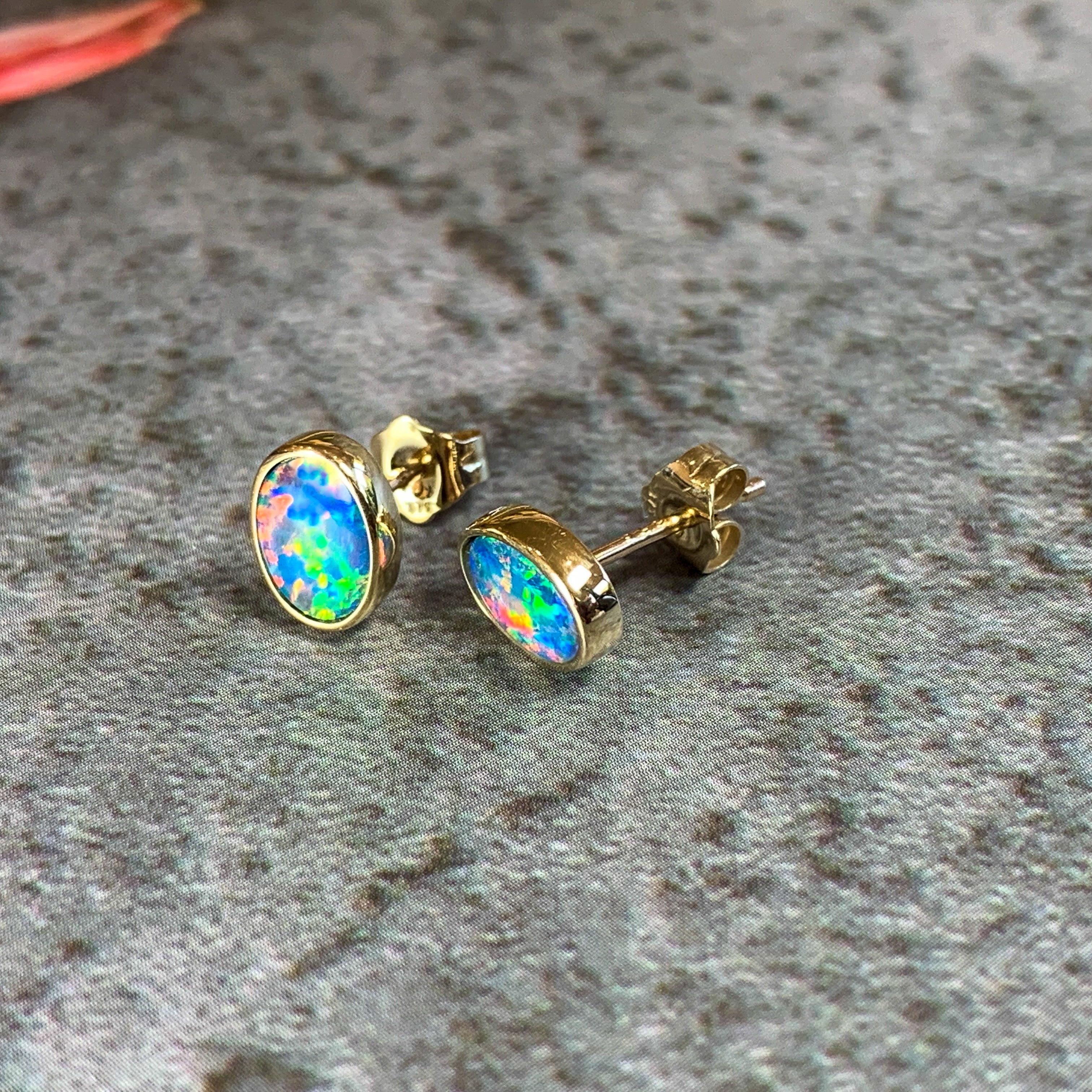 9kt Yellow Gold pairof bezel 7x5mm Opal earring studs - Masterpiece Jewellery Opal & Gems Sydney Australia | Online Shop