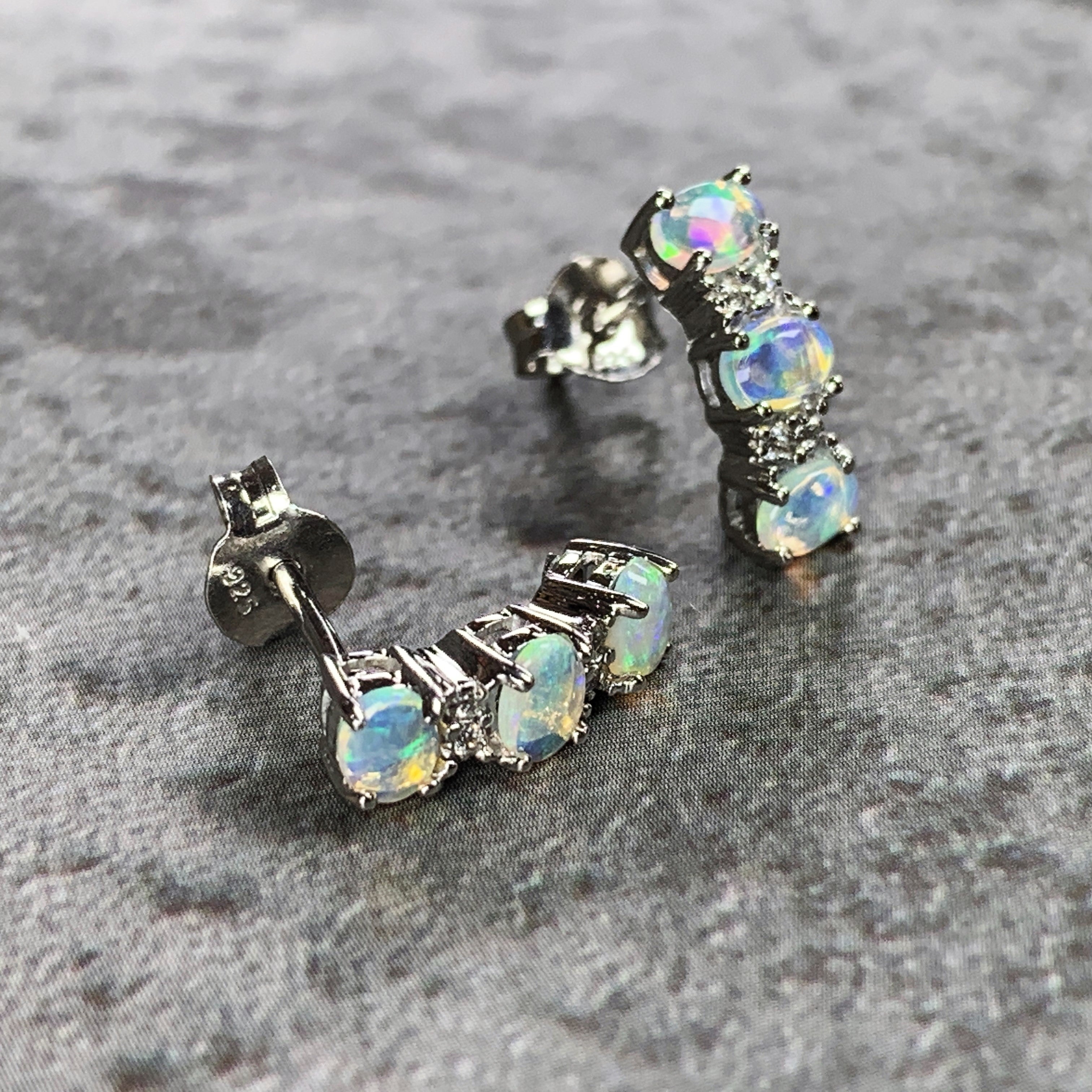 Sterling Silver Opal earrings 4x3mm alternating huggie style drops - Masterpiece Jewellery Opal & Gems Sydney Australia | Online Shop