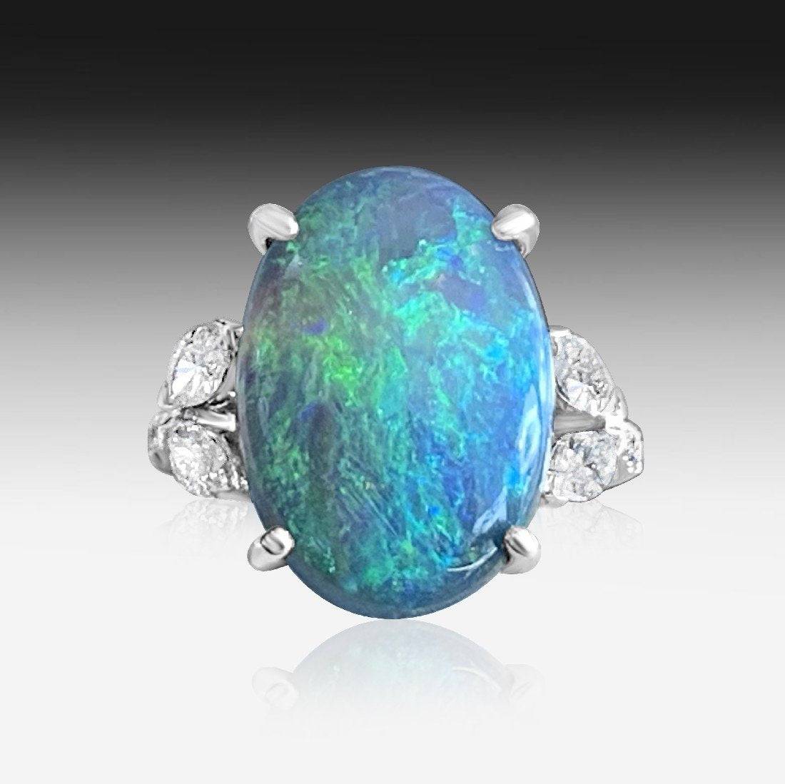 18kt White Gold Black Opal and DIamond ring - Masterpiece Jewellery Opal & Gems Sydney Australia | Online Shop