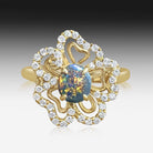 18kt Yellow Gold floral design Black Opal Diamond ring - Masterpiece Jewellery Opal & Gems Sydney Australia | Online Shop