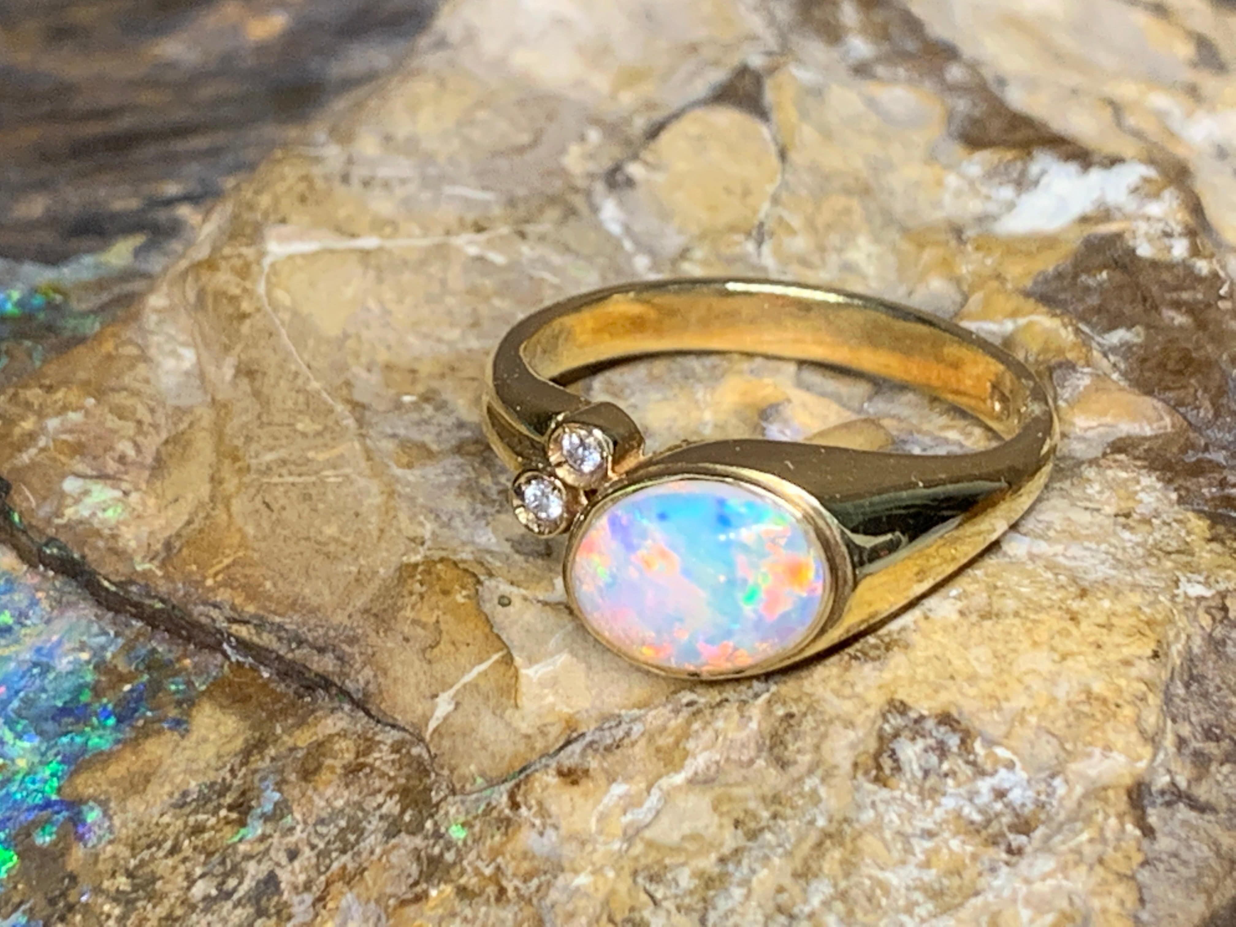 18kt Yellow Gold White Opal and Diamond ring - Masterpiece Jewellery Opal & Gems Sydney Australia | Online Shop