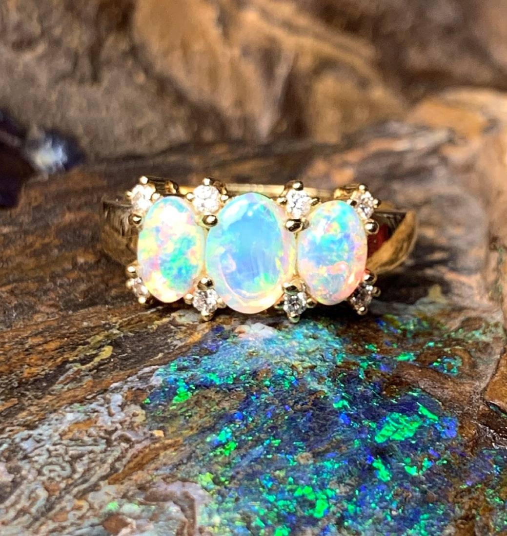 18kt Yellow Gold with Crystal Opal 1.1ct and Diamond 0.12 Ring - Masterpiece Jewellery Opal & Gems Sydney Australia | Online Shop